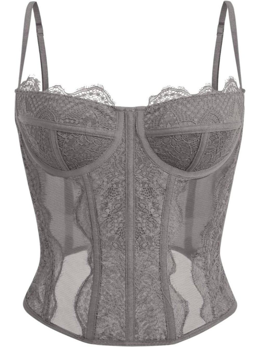 Women's Light Grey Boned Lace Mesh Underwire Bustier Spaghetti Strap Corset Top
